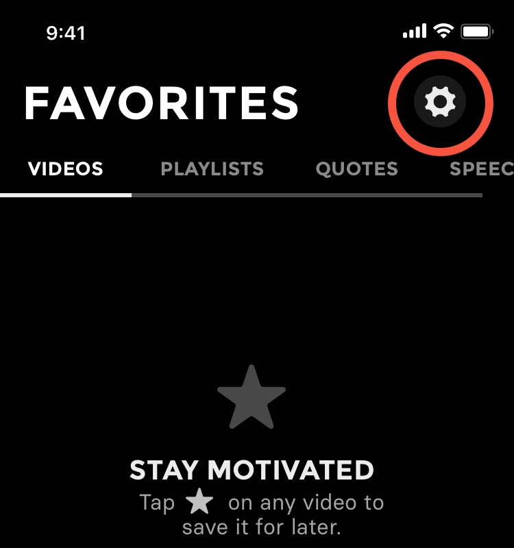 An image of the motivate favorites screen illustrating how to tap on the settings cog