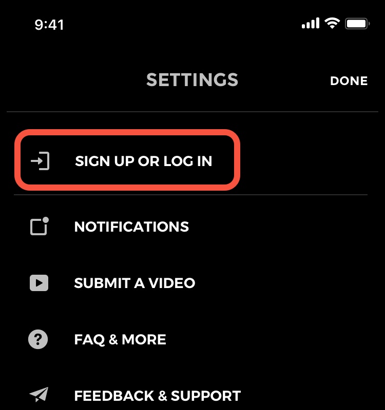 An image of the motivate settings screen illustrating how to tap the sign up or log in button