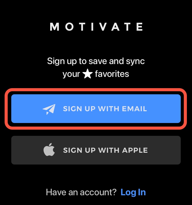 An image of the motivate sign up screen illustrating where to tap sign up with email